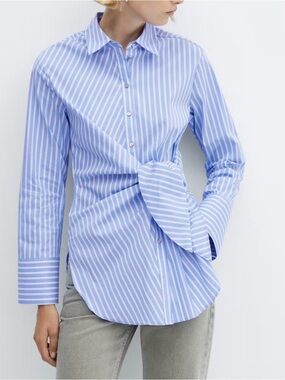 Mango Poplin Striped Knot Front Button Down Shirt Blue White Size M (6)
